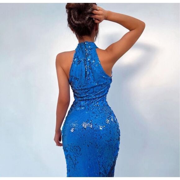 Zara Blue Sequin Sleeveless Halter Keyhole Slit Bodycon Party Midi Dress Medium - Picture 5 of 11